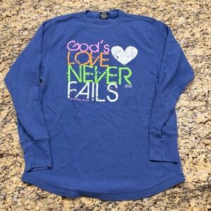 Kerusso God's Love Never Fails Blue Waffle Knit Thermal Long Sleeve Shirt XL